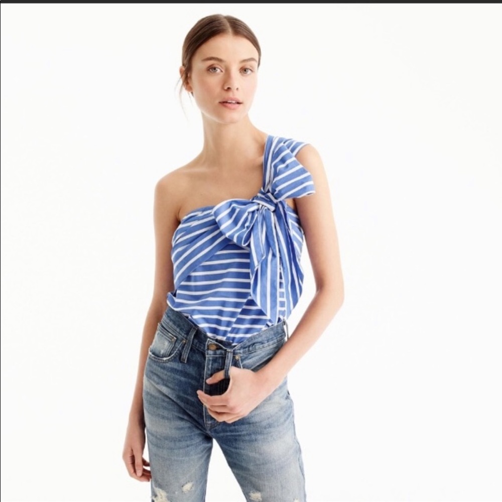 Jcrew off the shoulder blue and white strip top